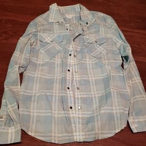 blue and yellow plaid button up shirt